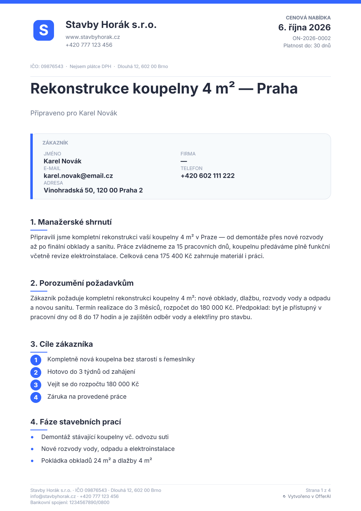 Ukázka cenové nabídky vygenerované v OfferAI: hlavička Stavby Horák s.r.o., nadpis „Rekonstrukce koupelny 4 m² — Praha“ a karta zákazníka.