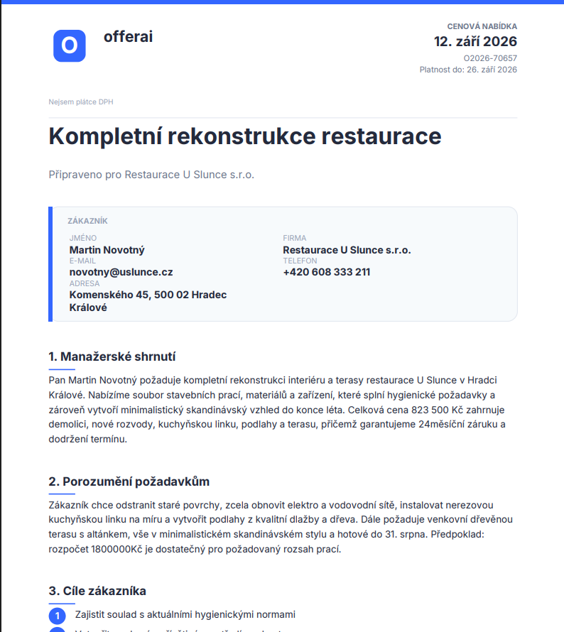 Ukázka profesionálního PDF nabídky vygenerovaného aplikací OfferAI